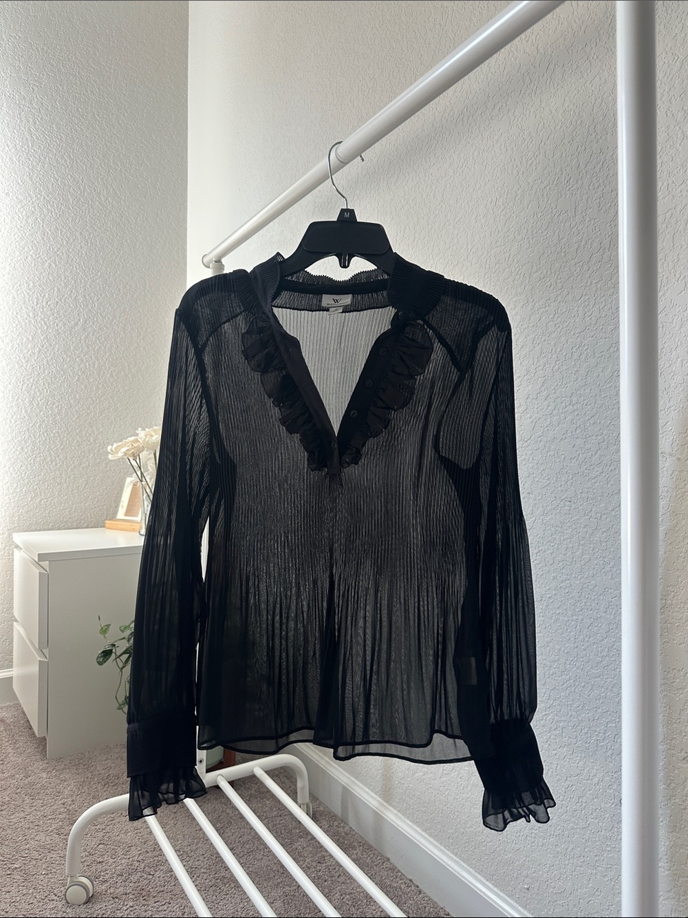 Worthington Black Sheer Ruffle V-Neck Blouse